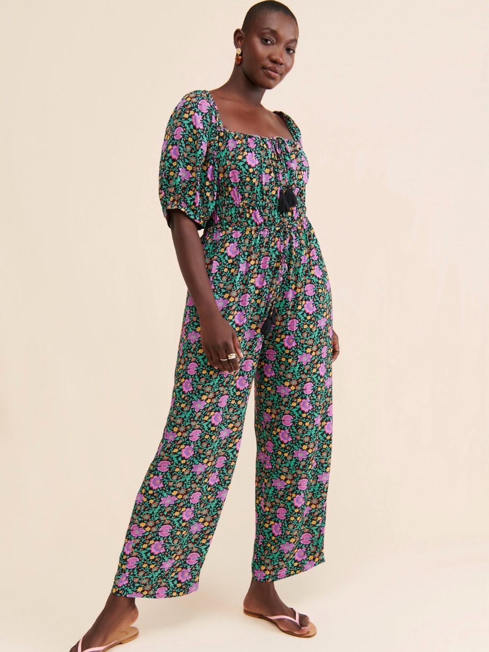 Spell Black Floral Square-Neck Wide-Leg Jumpsuit with Pink Flowers